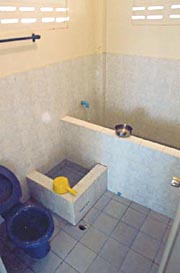 The bathroom. You scoop water from the tank and pour it over yourself.